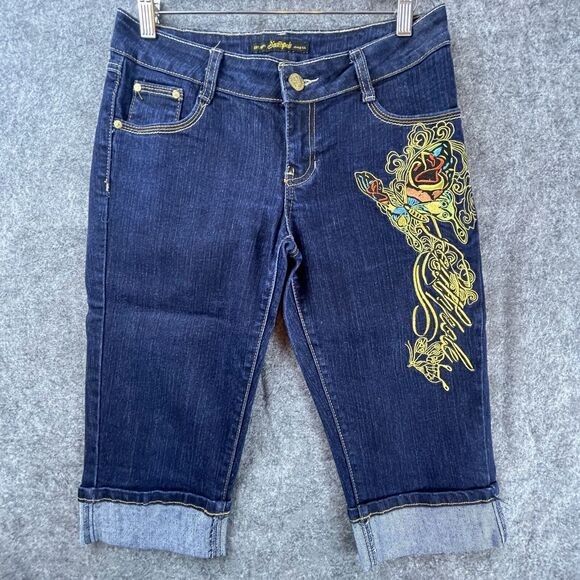Southpole Jean Shorts Womens 7 Blue Butterfly Embroidered Cuffed Y2K 90s Stretch - Picture 1 of 9